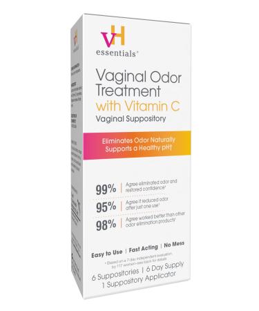 vH essentials Vaginal Odor Treatment with Vitamin C, Boric Acid Suppositories Alternative, Supports Balanced pH, Eliminates Naturally, Suppositories, 6 w/ Applicator, White