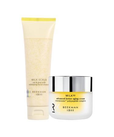 Beekman 1802 Milk Scrub Oat + Goat Milk Exfoliating Face Cleanser (3 fl oz) + Milk RX Advanced Better Aging Cream (1.69 fl oz) - Good for Sensitive Skin - Cruelty Free