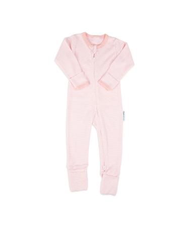 100% Cotton Two-Way Zipper Baby Sleepsuit Unisex Gender Neutral Onesie Romper for Boys and Girls Double Zip Footless with Fold Over Cuffs on Hands and Feet 12-18 Months Pink Stripe