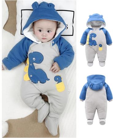 Baby Snowsuit Winter Romper | Cotton Jumpsuit with Detachable Hood | Cartoon Dinosaur Design | 6-9 Months Blue - Buy Online on GoSupps.com