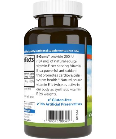Carlson E-Gems 200 IU (134 mg) Natural-Source Vitamin E Optimal Wellness 250 Soft Gels 1 Count (Pack of 250) - Buy Online on GoSupps.com
