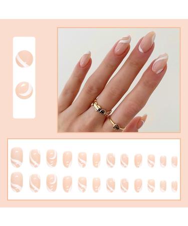 24Pcs Almond False Nails: Elegant French White Stiletto Press on Nails with Wavy Pattern - Removable Nude Design for Women & Girls - Buy Online on GoSupps.com
