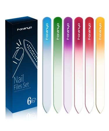 Glass Nail File with Case - FORANYO Nail Files for Natural Acrylic Nails Double Sided Etched Crystal Fingernail Files 6 Pack for Nail Care Mixed Color Manicure Set for Women Girls Nail Filer 6-Piece Black