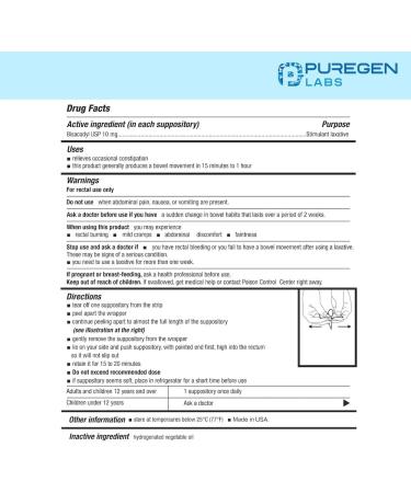 Puregen Labs Fast Relief Laxative Suppositories - 100 Count Bisacodyl 10mg | Quick Constipation Relief in 15-60 mins | USA-Made Stimulant Laxative - Buy Online on GoSupps.com
