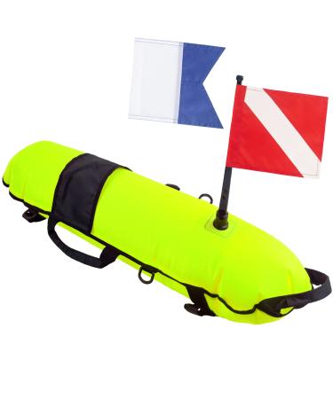 Inflatable Diving Safety Surface Marker Buoy, Inflation Diver Down Torpedo Buoy, High Visibility Signal Float with 2 Dive Flags, Diver Down Flag + Alpha Flag for Underwater Sports Scuba Diving, Free Diving, Spearfishing Yellow
