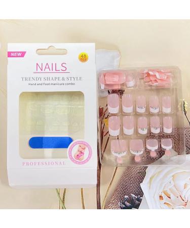 48Pcs French Press On Short False Nails with Glue - Nude & White Acrylic Toenails with Rhinestone, Exquisite Design for Women - Style 2 - Buy Online on GoSupps.com