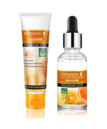 2PCS - SPF 50 Face Moisturiser Face Sunscreen with Sunscreen SPF 50 UVA UVB & Vitamin C Serum for Face Anti Aging Reduces Redness & Improves Skin Sun Cream Set wtih Vitamin C Sun Protection Sunscreen Set