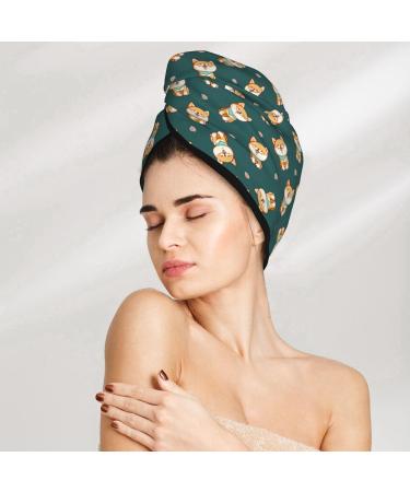 Quick-Dry Hair Towel Wrap with Button - Cute Shiba Turkish Towel Turban for Faster Hair Drying - Buy Online on GoSupps.com