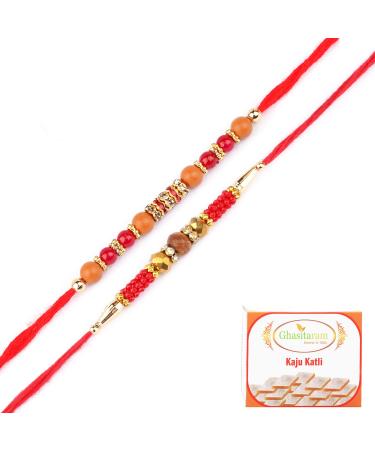 Ghasitaram Gifts Rakhi for Brother Rakhis Online - Set of 2- Nbh-226 and 6945 Rakhi Thread with 200 GMS of Kaju katli