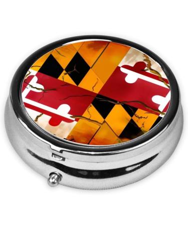 Vintage Wooden Maryland Flag Pill Box - Round Mini 3-Compartment Design for Travel | Portable Metal Pill Organizer - Buy Online on GoSupps.com
