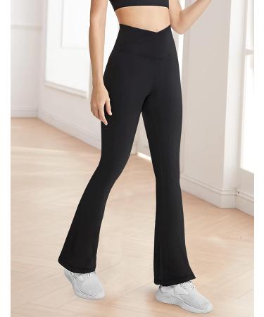 Girls' High Waist Black Cross Flare Leggings | Soft Stretchy Yoga Bootcut Pants for Kids Teens Dance | Full Length | Size 11-12 Years - Buy Online on GoSupps.com