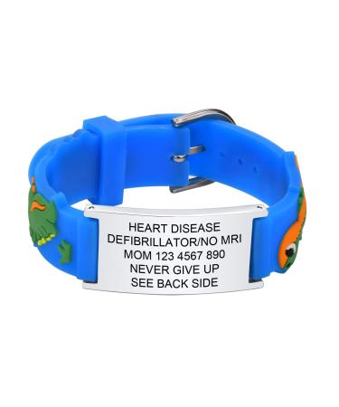 Personalized Medical ID Bracelet - Silicone ID Wristband with Medical Alert Badge for Women Kids Cute In Case of Emergency Bracelets(5.1''-6.5'') Blue White-dinosaur-B-Customize