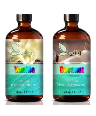 Coconut Essential Oil 4 Fl Oz and Vanilla Essential Oil 4 Fl Oz - Coconut & Vanilla Oil for Diffuser Aromatherapy Home Fragrance Skin & Hair Care DIY Candle & Soap Making Yoga