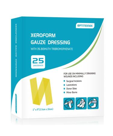 Xeroform Petrolatum Dressing 1"x8" Pack of 25 Non-Adherent Occlusive Fine Mesh Gauze Pad Gentle Patch for Burns Laceration Surgical Incisions & Skin Grafts