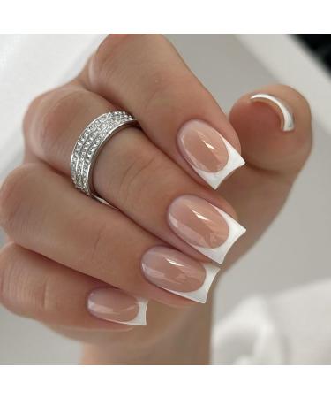 Square French False Nails 24Pcs Nude French Fake Nails Aurora Glitter Press on Nails French Nail Tips with Nail Glue Full Cover Stick on Nails for Women Girls Nails Art Coffin Nude French