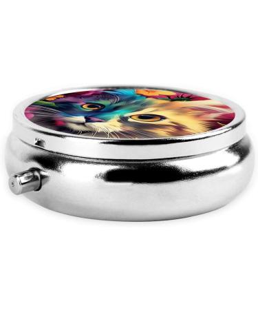 Colorful Flower Cat Portable Metal Pill Box | Round Mini 3-Compartment | Travel Essential for Small Pills - Buy Online on GoSupps.com
