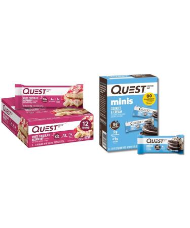 Quest Protein Bars Bundle - White Chocolate Raspberry 12 Count & Cookies 'N Cream Mini 14 Count