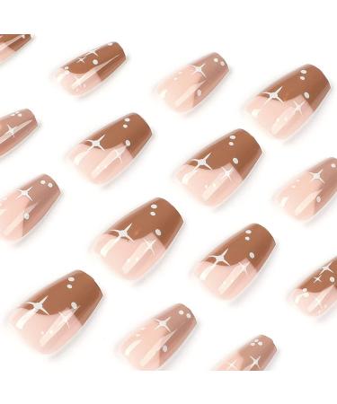 24Pcs Medium Long Coffin Fake Nails - Brown Ballerina Glossy Acrylic with Star Designs | False Stick on Nails for Women - Buy Online on GoSupps.com