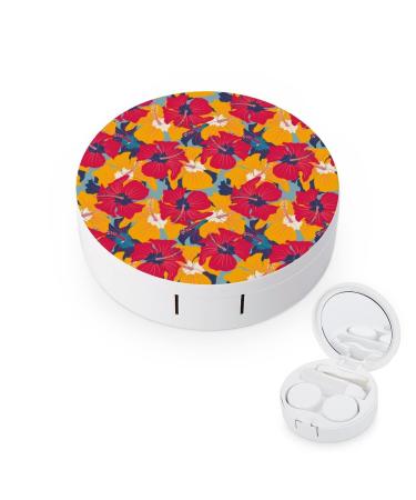 Colorful Retro Hibiscuses Round Case For Contact Lens Kit Storage Box with Mirror Printed