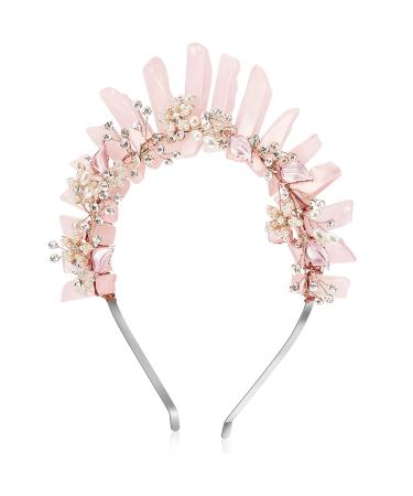 Raw Crystal Quartz Crown Headband Women Pink Crown Flower Crystal Mermaid Tiara Headband Handmade Natural Stone Witch Headpiece for Girls Wedding Party Bride Fairy Costume Hair Accessories