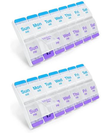EZY DOSE Push Button AM/PM Weekly (7-Day) Pill Organizer Weekly 2 Times a Day Medicine Case Large Compartments for Vitamins Supplements Arthritis Friendly Clear Lids (2 Pack)