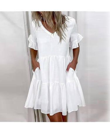 Flowy Ruffle White Mini Dress - Solid V-Neck A-Line Dress for Women | XX-Large - Buy Online on GoSupps.com