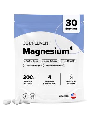 COMPLEMENT Magnesium- 4 Bioavailable Forms for Relaxation Sleep Muscle Recovery Stress & Mood Support- Magnesium Malate Taurate Bisglycinate & Orotate- Gentle on stomach- 200mg 60 Vegan Capsules