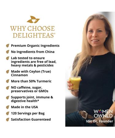 DelighTeas Organic Golden Milk Powder with Turmeric, Ginger & Ceylon Cinnamon | Ayurvedic Spices for Golden Turmeric Latte, Smoothie & Cooking | Unsweetened, Vegan, Non-GMO, Keto | 120 Servings - 5 oz - Buy Online on GoSupps.com