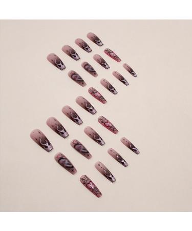 Halloween Press on Nails - Long Coffin Pink Glitter False Nails with Ghosts Hearts Flames & Spiders - Full Cover Acrylic Stick on Nails for Women - Pack of 24 - Buy Online on GoSupps.com