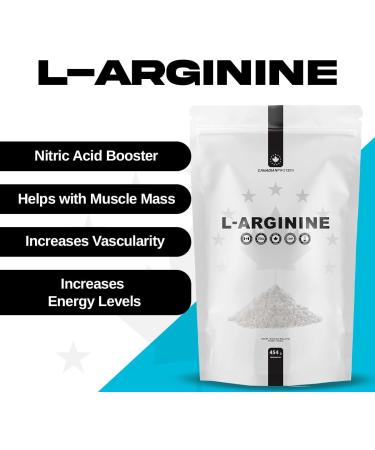 Canadian Protein L-Arginine Nitric Oxide Supplement Powder | 454g of Extra Strength for Energy Muscle Growth Heart Health Vascularity & Stamina 5g Per Serving Amino Acid Workout Shake - Buy Online on GoSupps.com