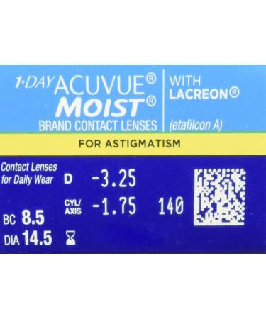 Buy Acuvue 1-Day Moist for Astigmatism - Soft Contact Lenses 30 Pack | BC 8.5 mm DIA 14.5 mm -1.75 CYL -0.5 Diopters - International Shipping Available - Buy Online on GoSupps.com