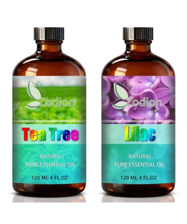 Lilac Essential Oil 4 Fl Oz and Tea Tree Essential Oil 4 Fl Oz - ZODION Lilac & Tea Tree Oil for Diffuser Aromatherapy Home Fragrance Skin & Hair Care DIY Candle & Soap Making Yoga