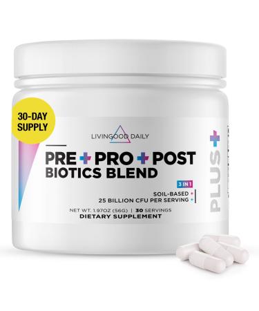 Livingood Daily Pre Pro Post Biotics Blend Powder Digestive Health Supplement with Prebiotics from Organic Blue Agave Inulin SBO Probiotics Probiotics for Women & Men Non GMO Vegan 30 Servings