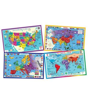 Tot Talk Geography Placemats for Kids - Map Placemats for Kids  Set of 4 Maps: USA  World  Asia  Europe - Reversible with Activities on The Back - Waterproof  Wipeable  Durable  Made in The USA