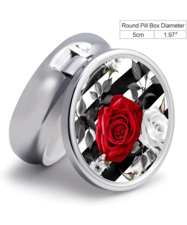 Decorative Round Pill Box - Black White Stripes & Red Rose - 3 Compartment Metal Pill Organizer for Travel - Buy Online on GoSupps.com