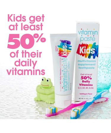 Vitaminpaste Kids Toothpaste with Daily Multivitamins - Fluoride Free, Fresh Breath, Anti-Cavity - Bubble Gum Flavor - 4.1oz - Buy Online on GoSupps.com