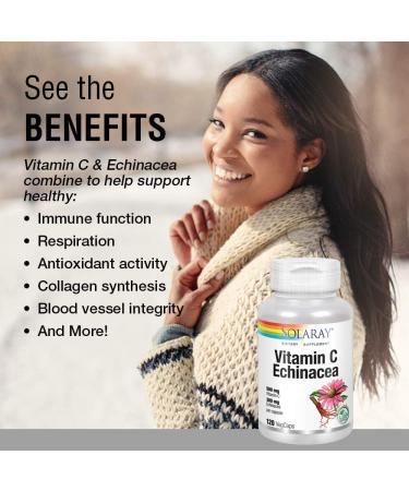 SOLARAY Vitamin C & Echinacea Root - Immune System Support | 500mg VIT C & 300mg Echinacea | Non-GMO, Vegan | 120 VegCaps - Buy Online on GoSupps.com