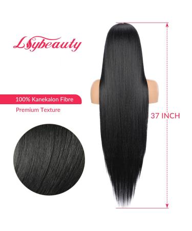 Lsybeauty Synthetic 37 Inch Long Straight Lace Front Wig for Women - 180% Density, Deep Middle Part, Heat Resistant Fiber - Black Glueless Hair Replacement with Baby Hair - Buy Online on GoSupps.com