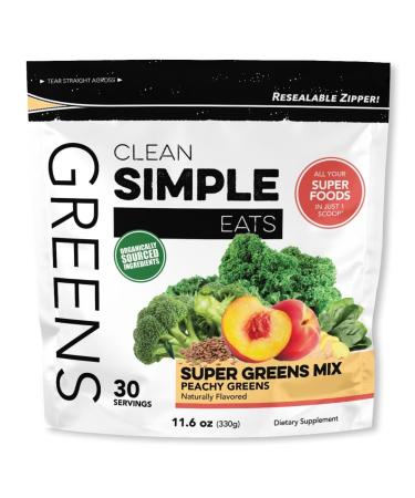 Clean Simple Eats Peachy Greens Powder Mix  Greens Superfood Powder Smoothie & Juice Mix  Gluten Free  Includes Powerhouse Superfoods Chlorella & Spirulina Powder Organic  30 Servings