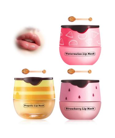 XdealCozyxc Honey Strawberry Watermelon lip balm Set Bee Balm Lip Mask Moisturizing Care Lighten Dark Lip Color Reduce Lip Lines