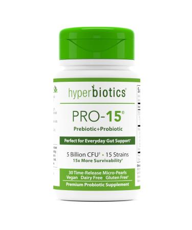 Hyperbiotics Pro 15 Vegan Probiotic | Time Release Pearls | 15 Diverse Strains | Probiotics for Women and Men | Digestive and Immune Support | Dairy & Gluten Free | 30 Count 30 Count (Pack of 1)
