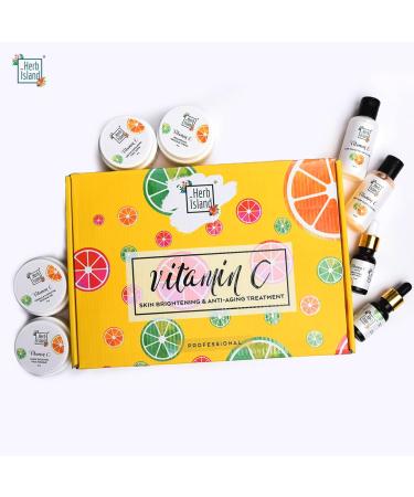 Herb Island Sulphate and Paraben-Free Vitamin C Facial Kit with 99% active Vitamin C for Skin Brightening and Anti-Aging Treatment; (Total 8 Products)