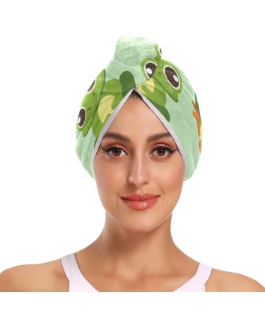 Green Cartoon Frog Hair Towel 2 Pack Super Absorbent Hair Drying Towel Quick Dry Hair Turbans Head Towel with Button Twisty Wrap for Women Girls