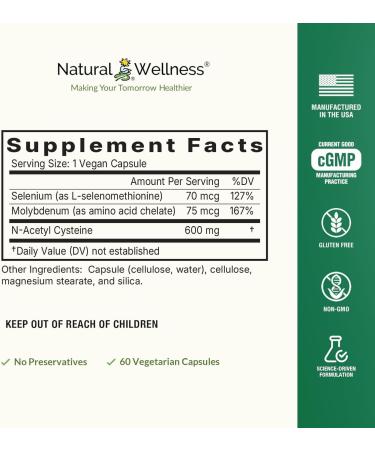 Natural Wellness NAC Plus NAC Supplement with Selenium & Molybdenum for Liver Detox Antioxidant Support & Glutathione Boost Promotes Immunity Recovery & Respiratory Health 600mg 60 Capsules - Buy Online on GoSupps.com