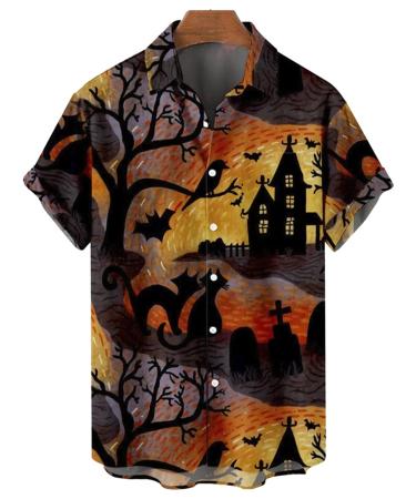 Hodaweisolp Mens Halloween Christmas Shirts Funky Santa Button Down Shirt Printed Short Sleeve Bowling Shirts Large Halloween Cat