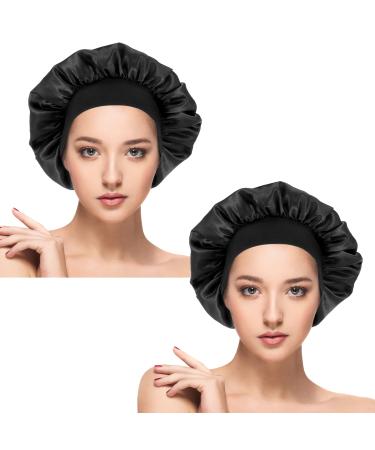 2 Pcs Satin Bonnet Sleep Cap Silk Day and Night Sleep Caps Night Bonnet Sleeping Head Cover Satin Hair Bonnet Elastic Band Chemo Cap for Curly Hair Women Black Natural Braids