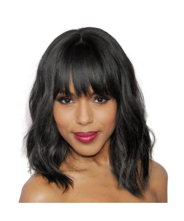 Elegant Nautral Black Wig with Bangs Bob Short Curly Wigs for Women Charming Natural Wavy Wigs for Black Women Bangs Wigs Hair Wig Extensions (14inch) 14 Inch Off Black