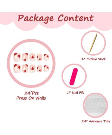 24Pcs Red Heart Short Square Press On False Nails | Full Cover Acrylic Tips for Women Decoration - Buy Online on GoSupps.com