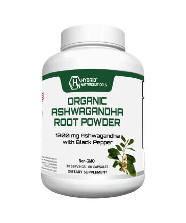 Hybrid Nutraceuticals Organic Ashwagandha Root Powder Capsules 1300mg with Black Pepper Extract - Stress and Immune Support - 60 Capsules