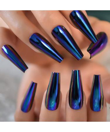 Shop EchiQ Chrome Diamond Blue Press On Fingernails | Extra Long Metallic Mirror Holo Fake Nails - Stylish Coffin Tips for Ladies - Buy Online on GoSupps.com